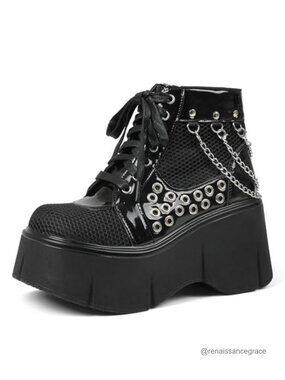 Womens Black Platform Boots Wedge Goth Round Toe Lace Up Mesh Punk Combat Ankle